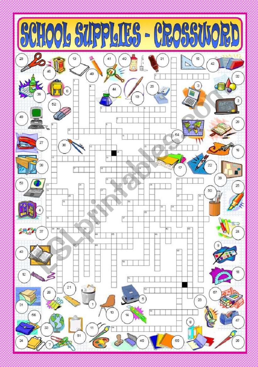 School Supplies - Crossword worksheet