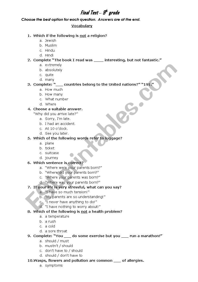 Multiple Choice Test - 9th grade