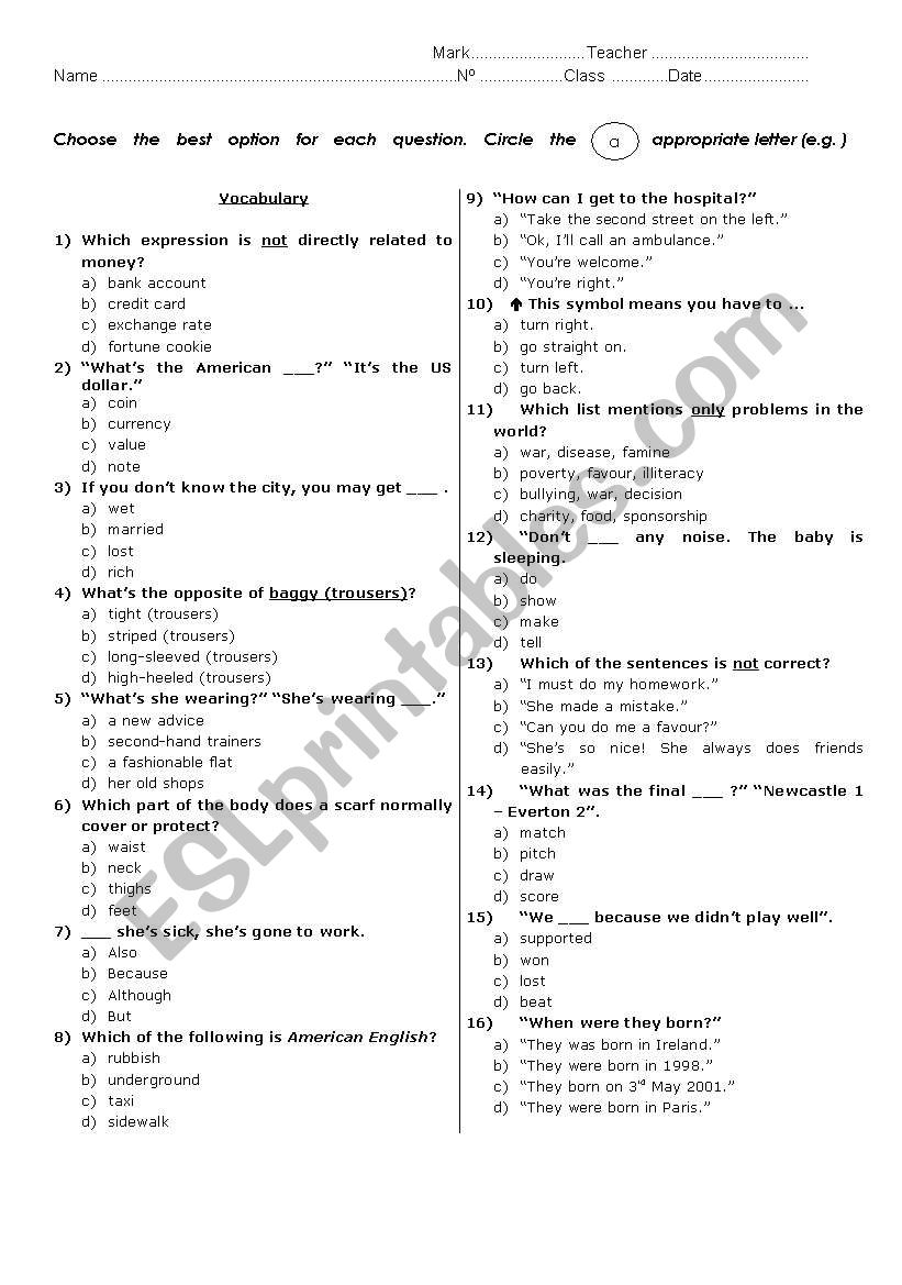 Multiple Choice Test - 8th grade