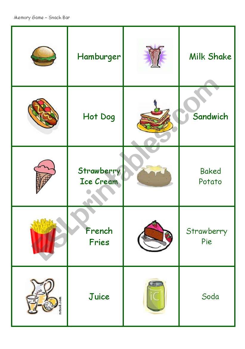 Memory Game - Snack bar worksheet