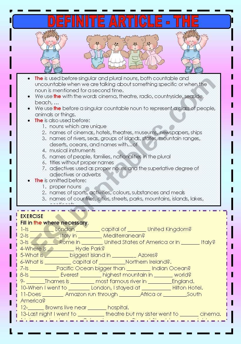 DEFINITE ARTICLE - THE worksheet