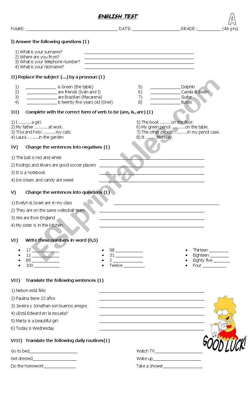 English test, verb to be worksheet