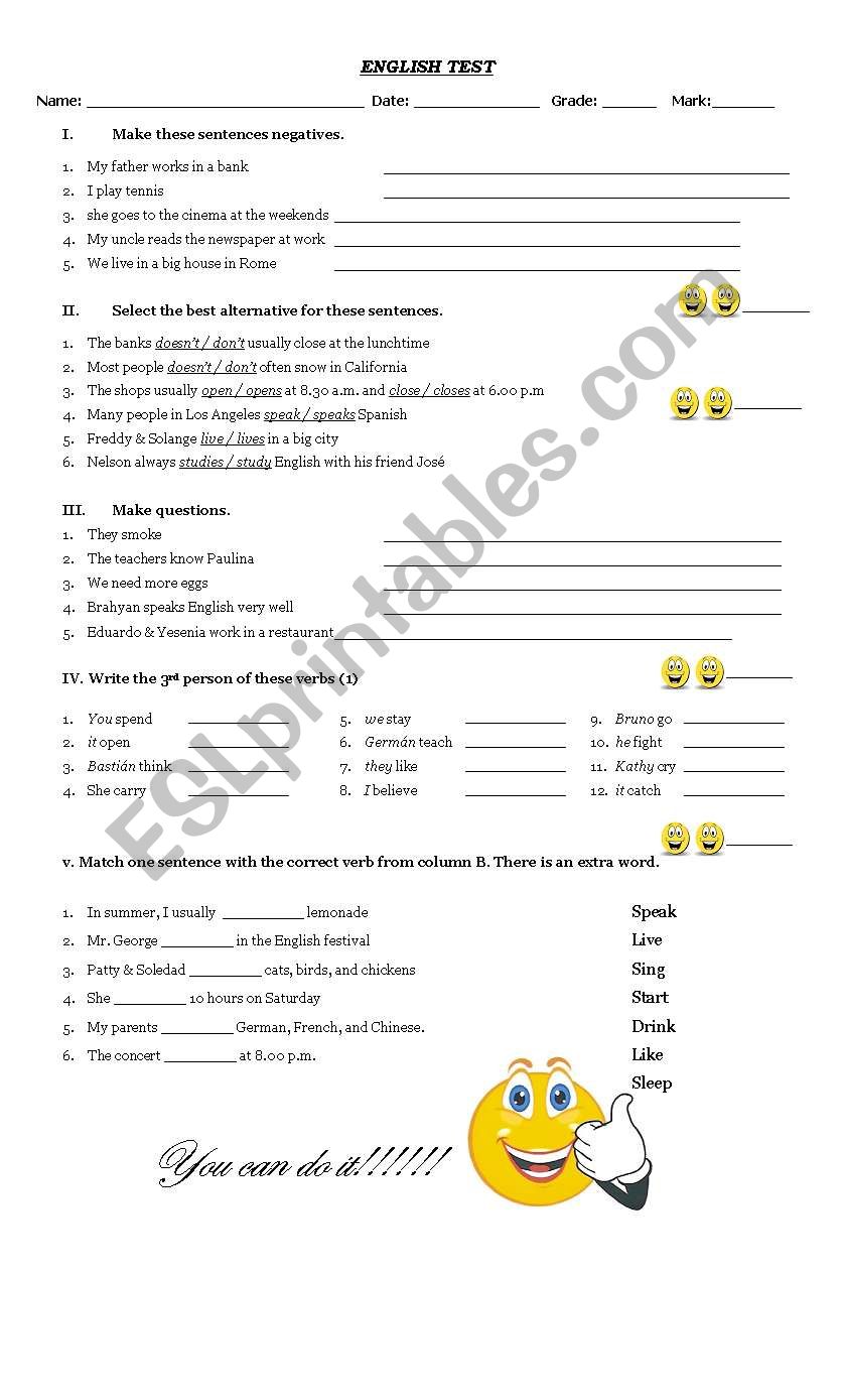 Present simple test worksheet