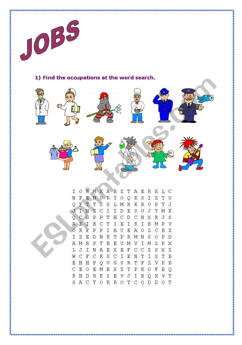 Jobs wordsearch worksheet