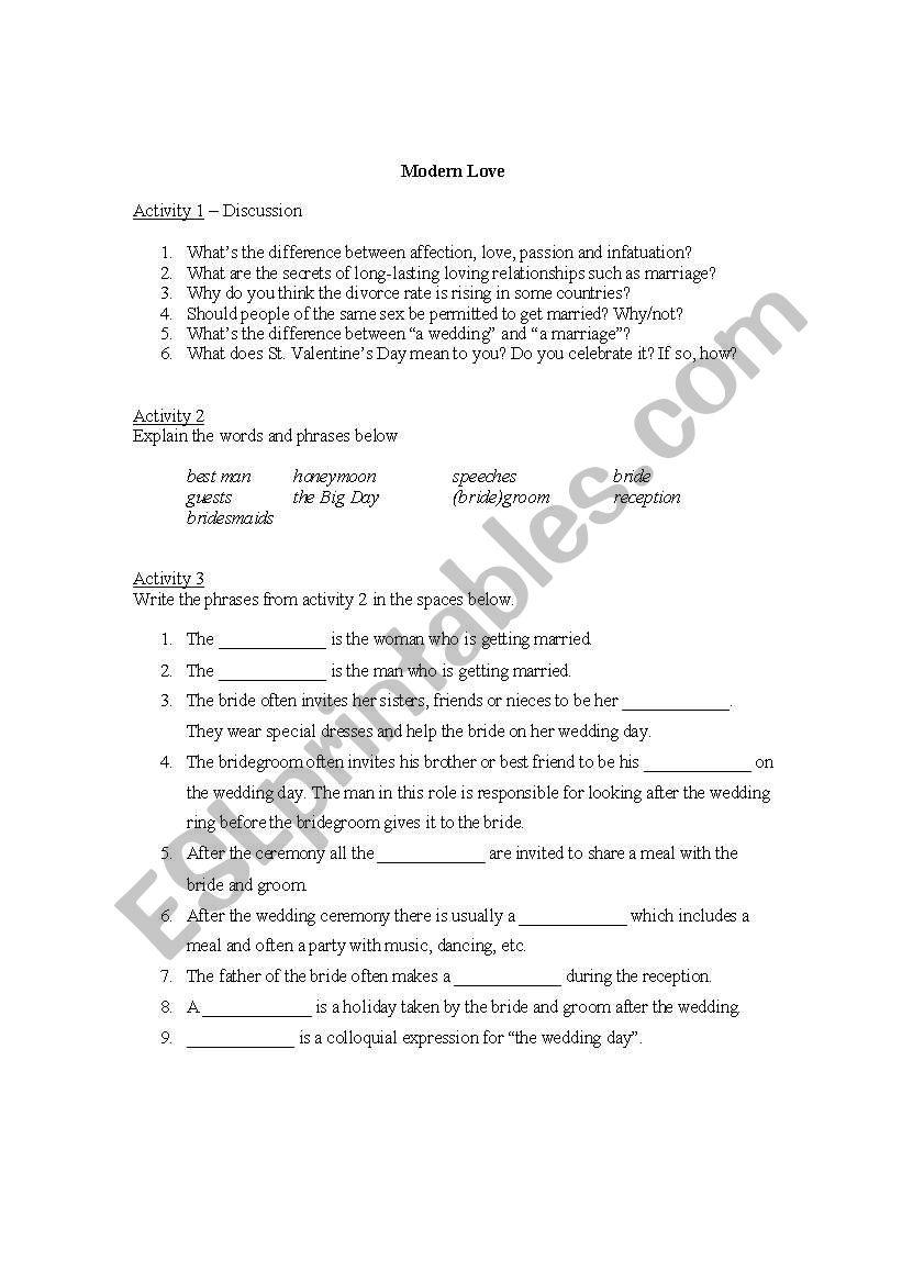 Modern Love worksheet