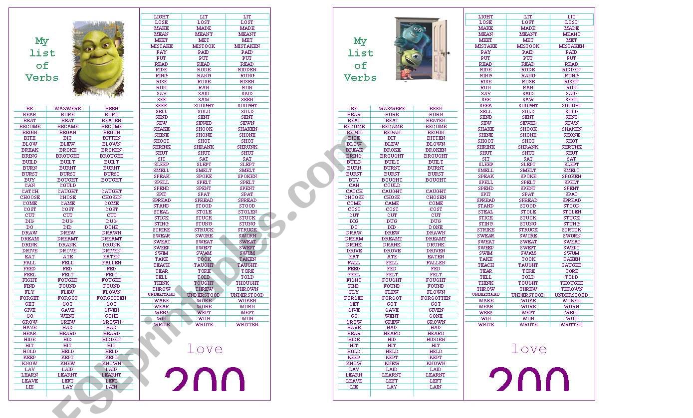 Past forms of verbs bookmark worksheet