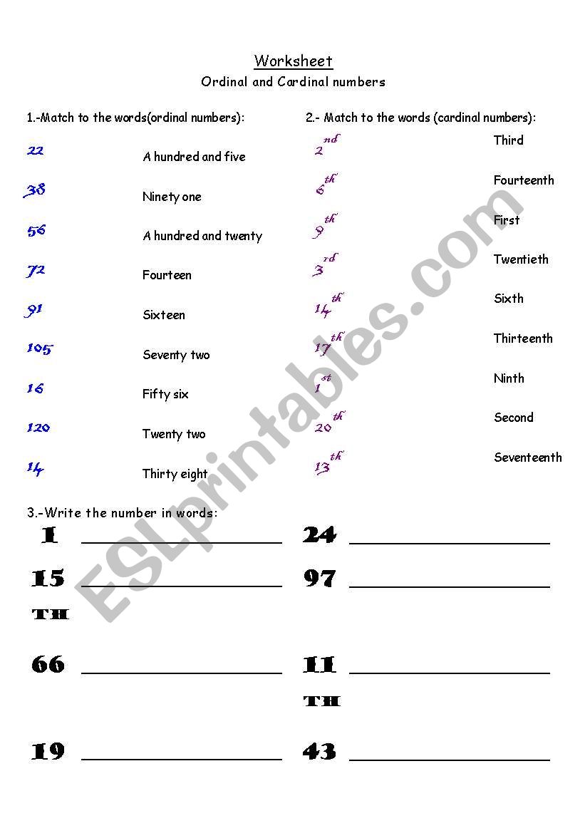 cardinal and ordinal numbers worksheet