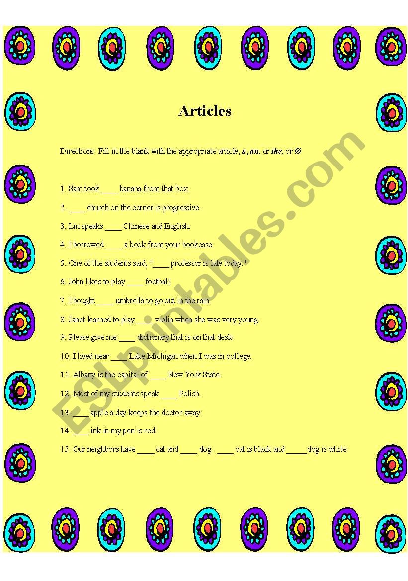 Articles worksheet