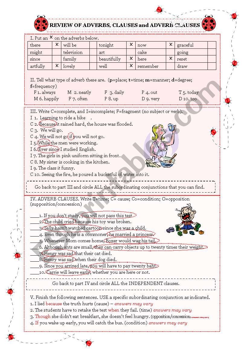 ANSWER KEY to adverbs, clauses and adverb clauses