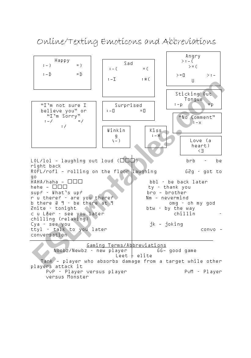 Text Lingo Handout worksheet