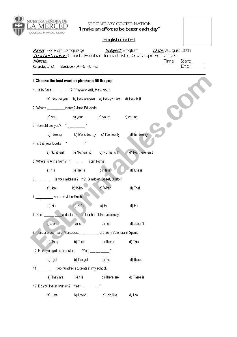 english contest  worksheet