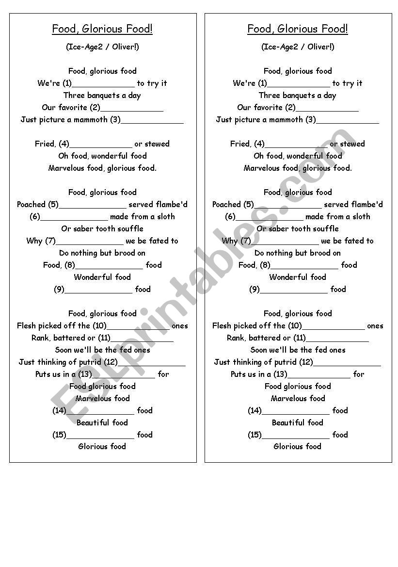 Food Glorious Food Song worksheet