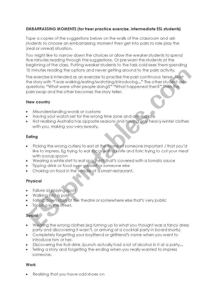 EMBARRASSING MOMENTS worksheet