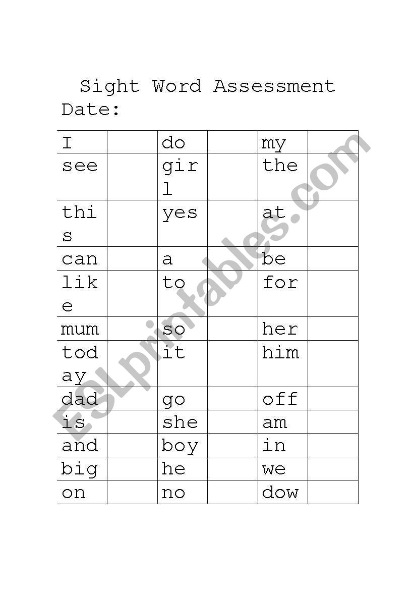Sight word assessment worksheet
