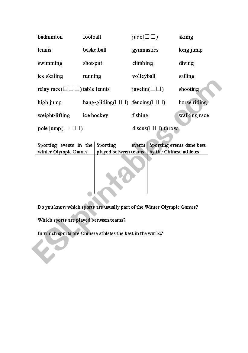 sports in Olympic games worksheet