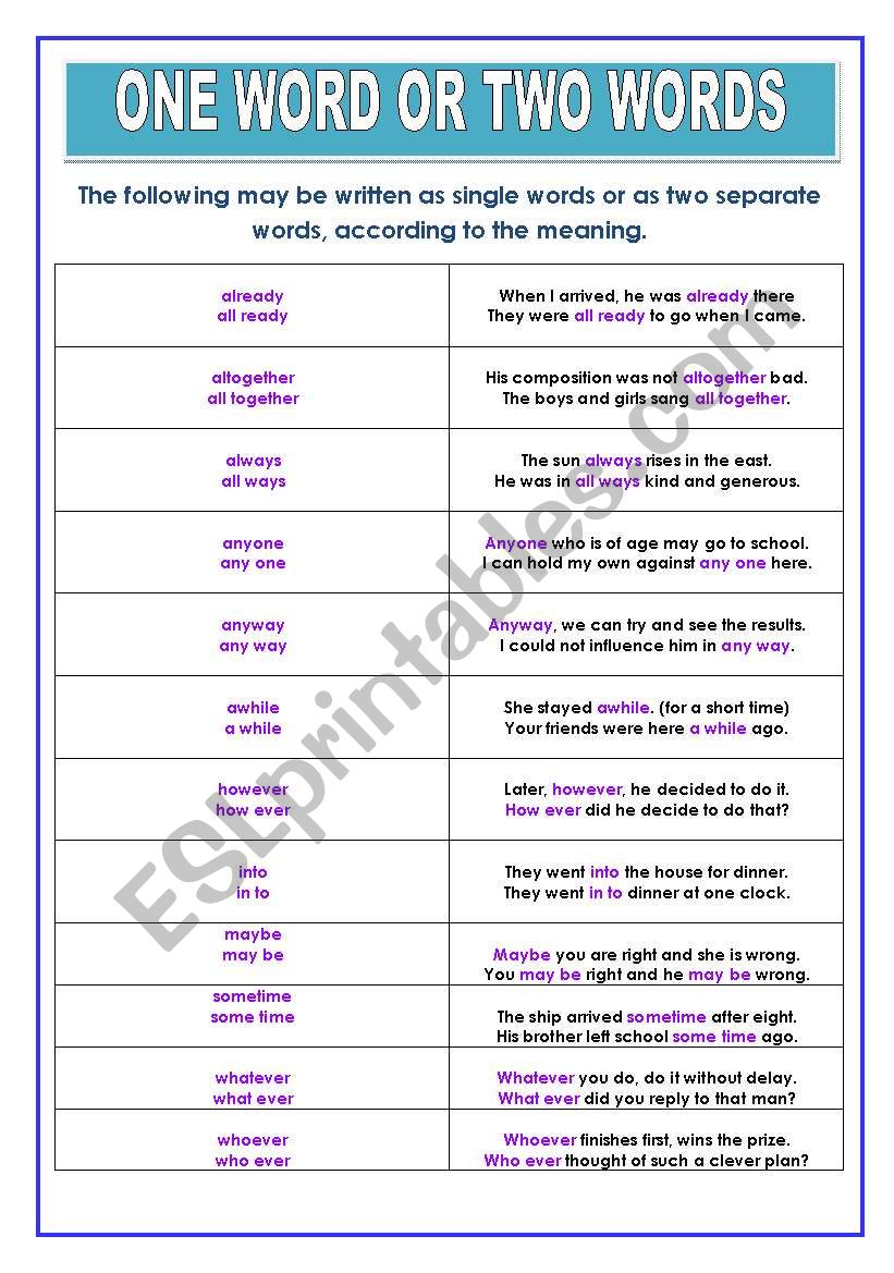 One word or two words? worksheet