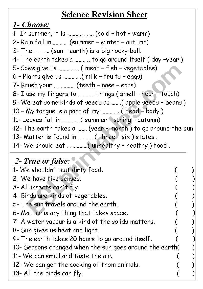 Science Revision Sheet worksheet