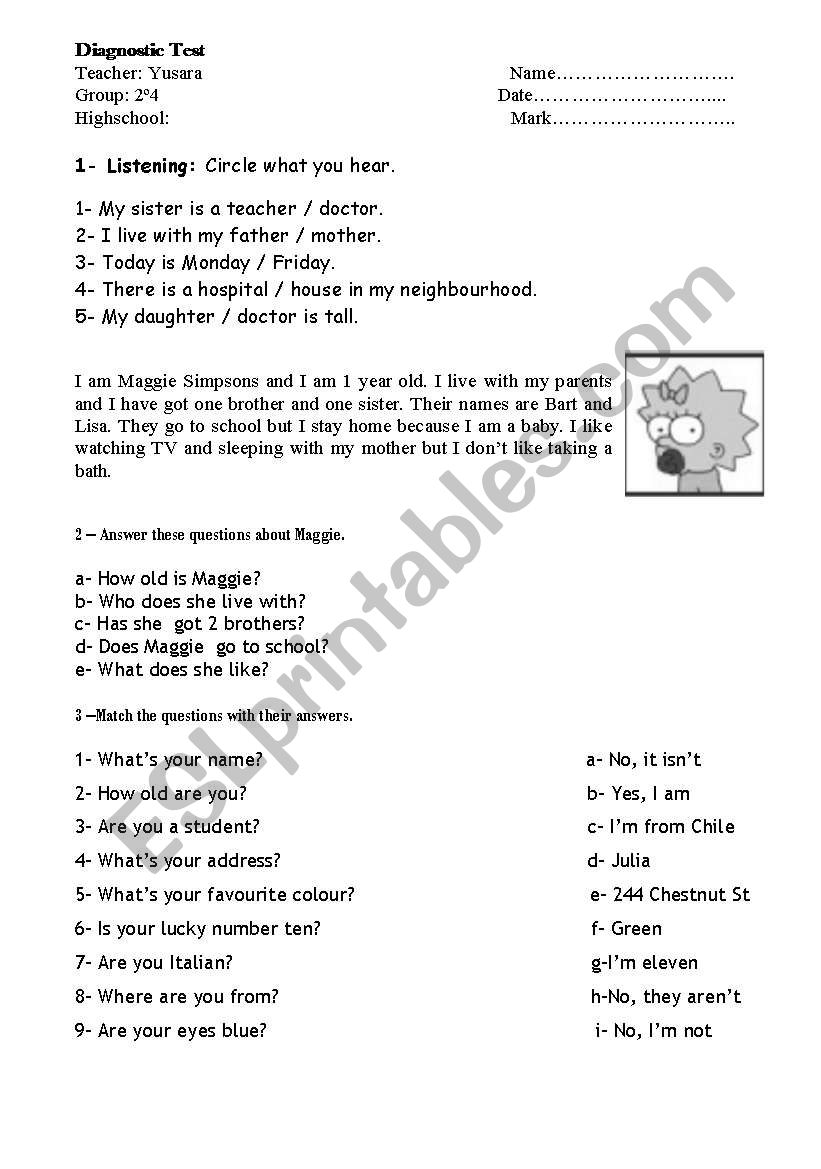 Diagnostic Test 2nd worksheet