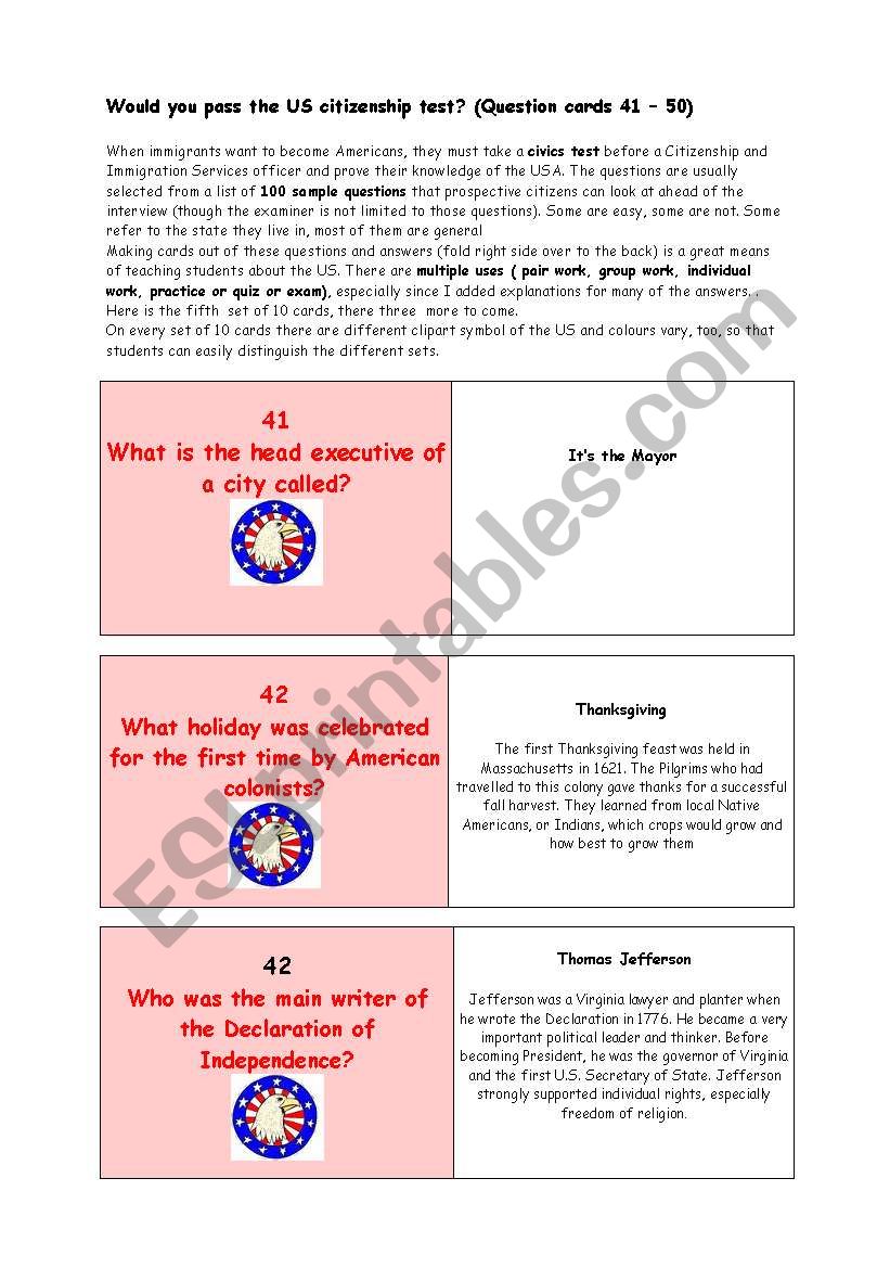 ** Would you pass the US citizenship test? ** THE MOST IMPORTANT FACTS ABOUT THE USA ** (Question cards 41 â€“ 50)