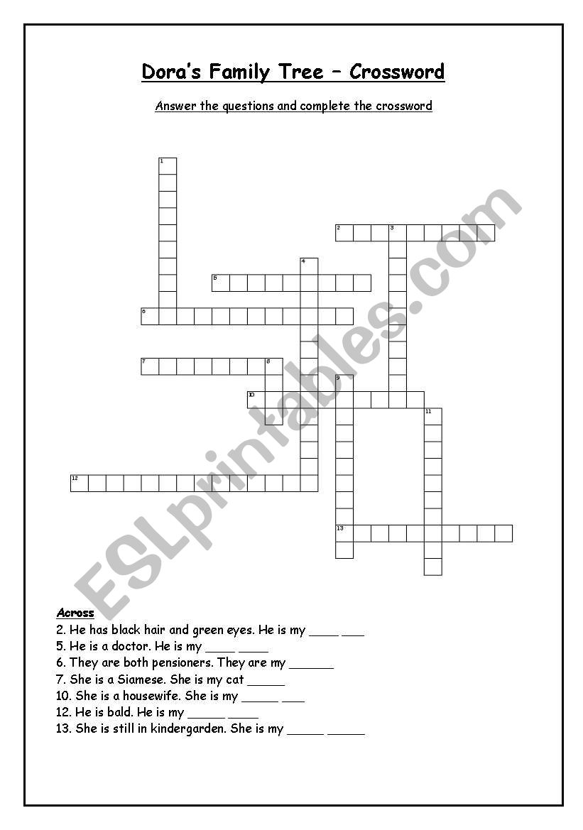 English worksheets: Dora´s Family Tree - Crossword
