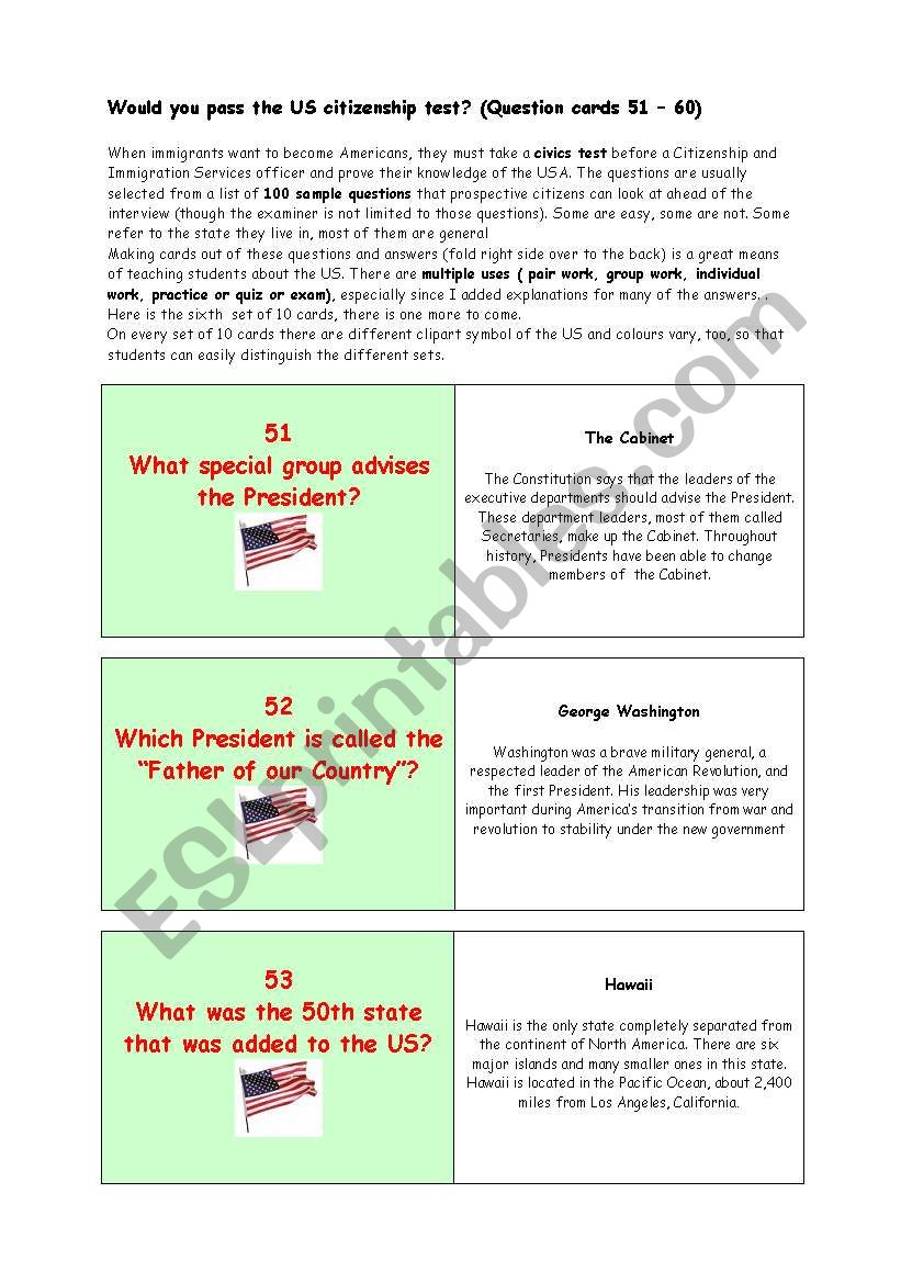 ** Would you pass the US citizenship test? ** THE MOST IMPORTANT FACTS ABOUT THE USA ** (Question cards 51  60)