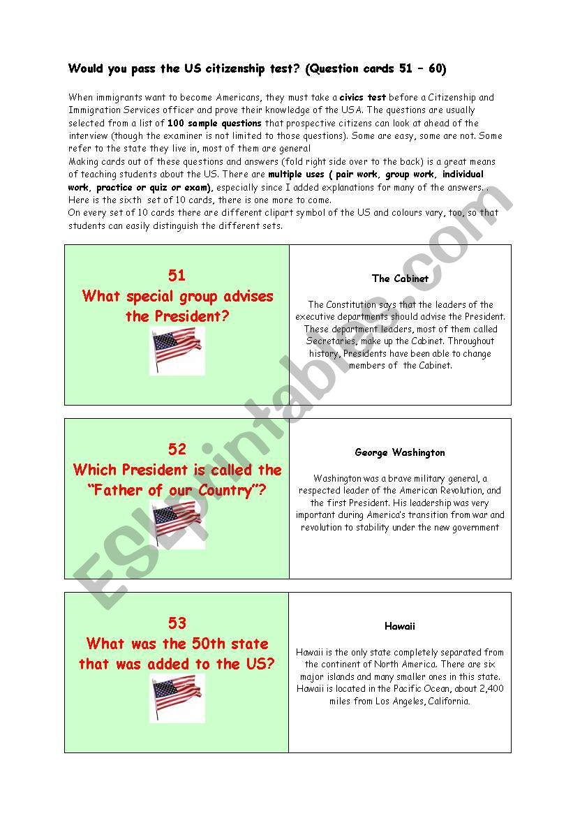 ** Would you pass the US citizenship test? ** THE MOST IMPORTANT FACTS ABOUT THE USA ** (Question cards 51 â€“ 60)
