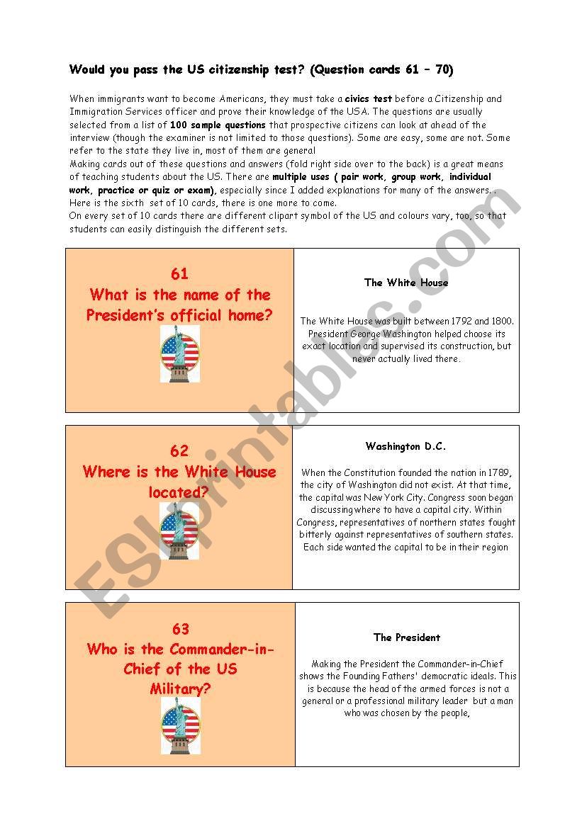 ** Would you pass the US citizenship test? ** THE MOST IMPORTANT FACTS ABOUT THE USA ** (Question cards 61 â€“ 70) 