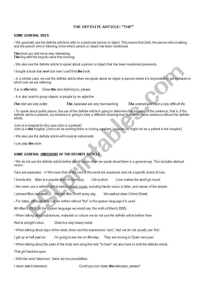Definite article the worksheet