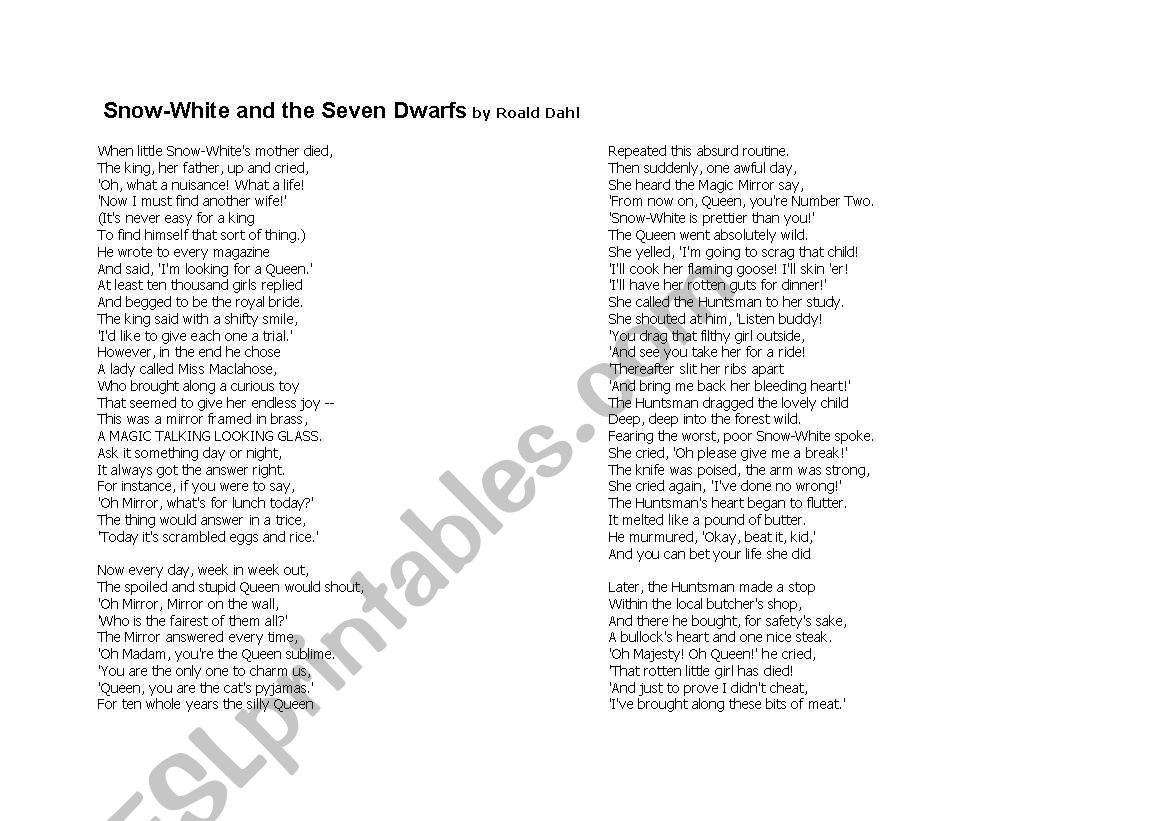 Snowwhite By Roald Dahl Worksheet Esl Worksheet By Loes Snowwhite By Roald Dahl Worksheet Esl Worksheet By Loes