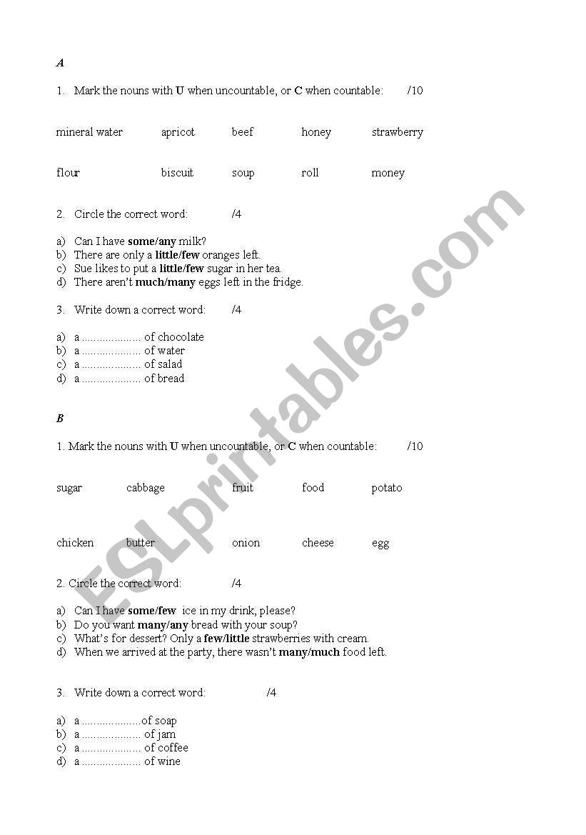 countables test worksheet
