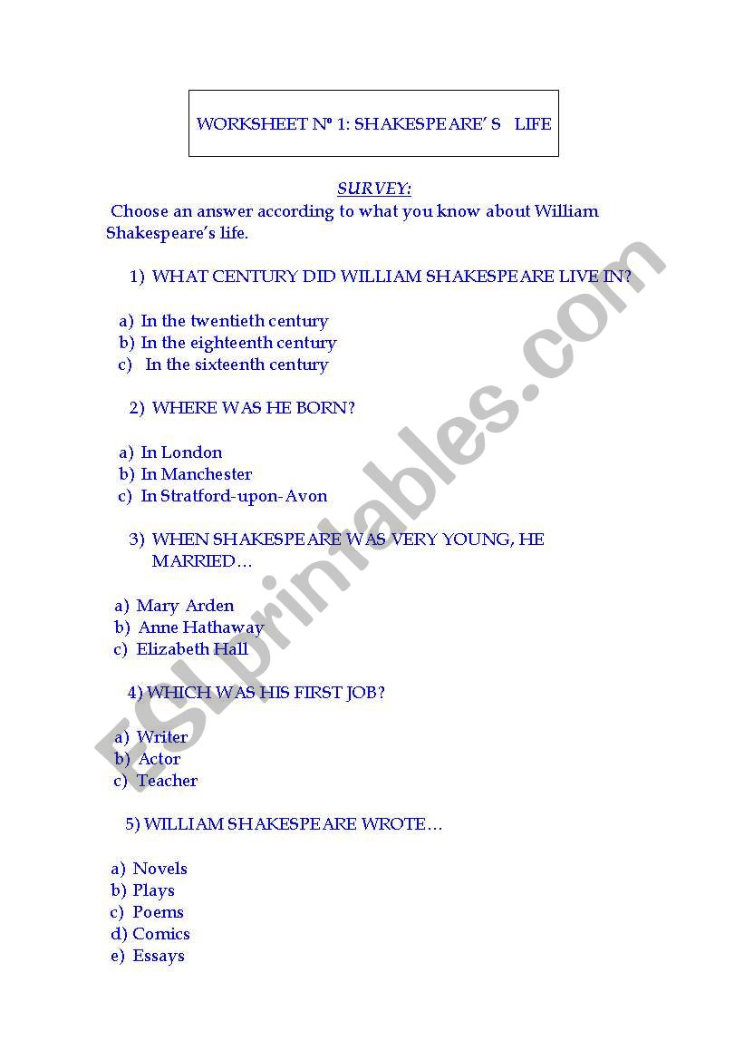 WORKSHEET N 1: SHAKESPEARE S   LIFE