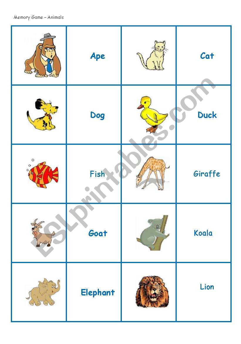Memory Game - Animals worksheet