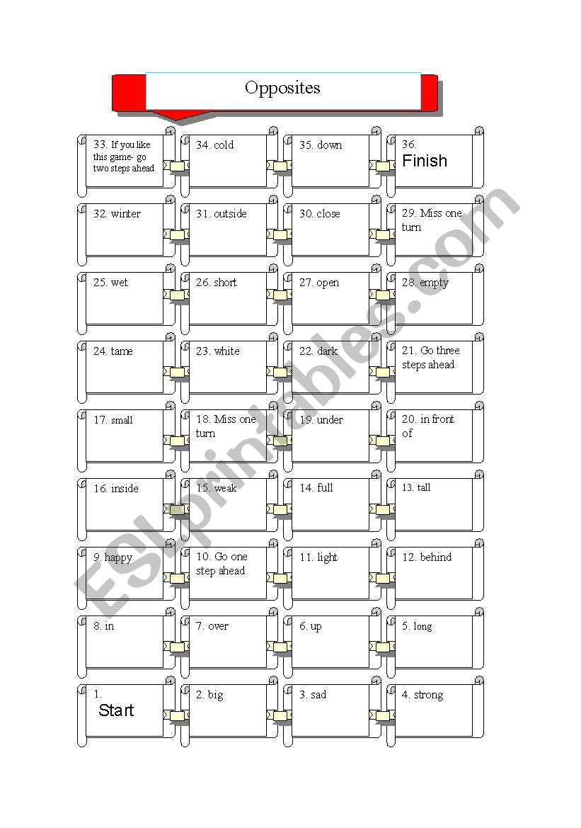 Opposites boardgame worksheet