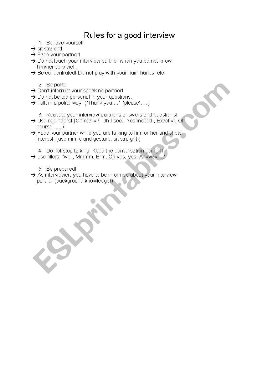 Rules for a good interview worksheet