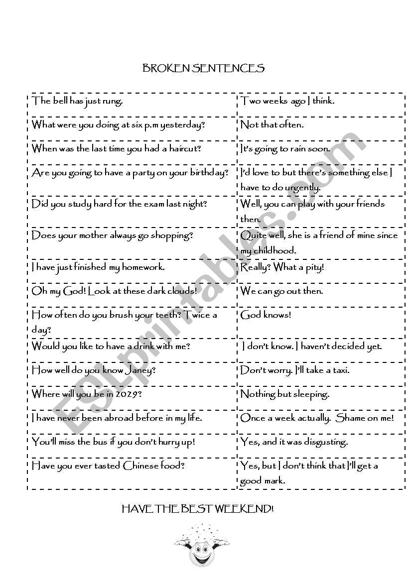 broken sentences worksheet