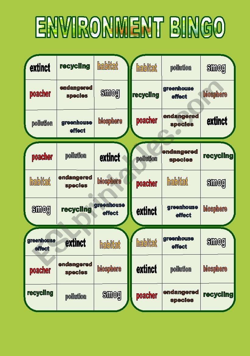 Environment bingo -  definitions of the words