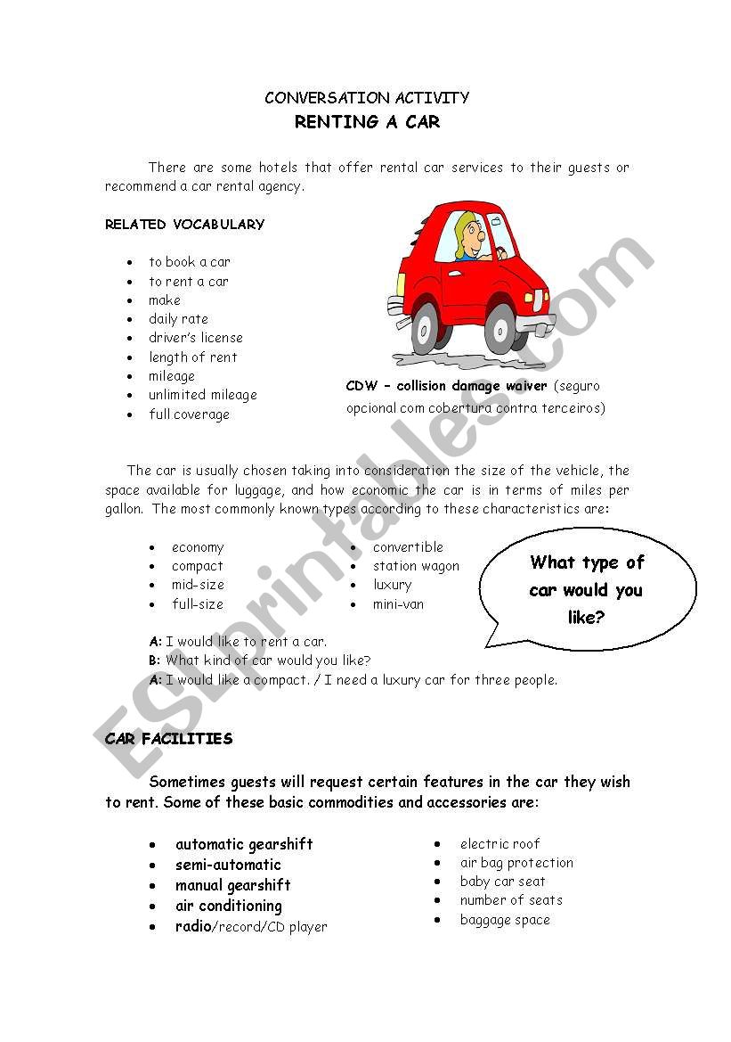 Renting a Car worksheet