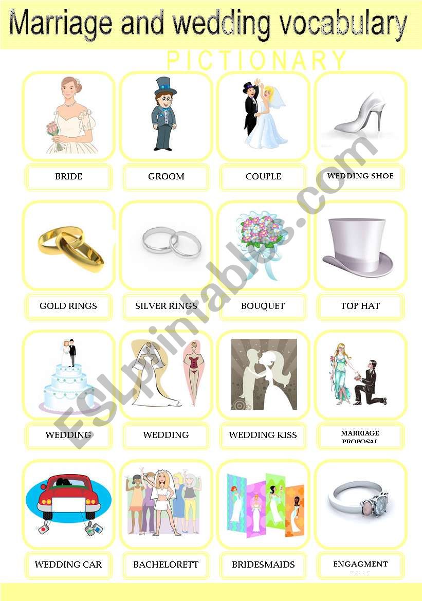 Marriage and Wedding Vocabulary Pictionary Set 1/2