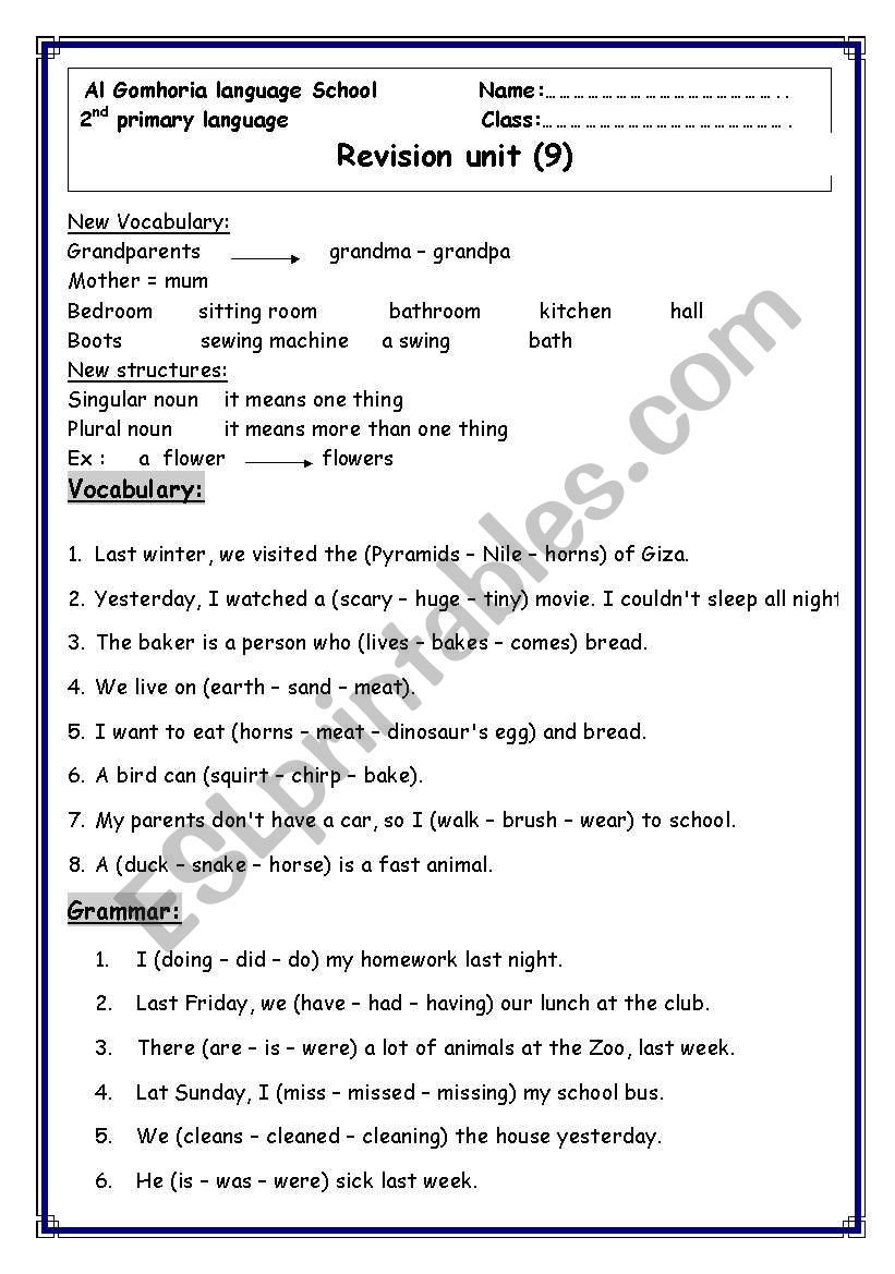 revision sheet on unit 9 macmillan for  second primary 