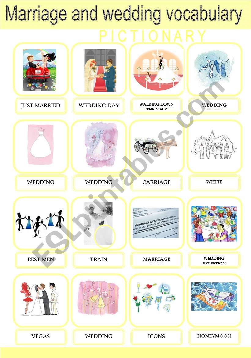 Marriage and Wedding Vocabulary Pictionary Set 2/2