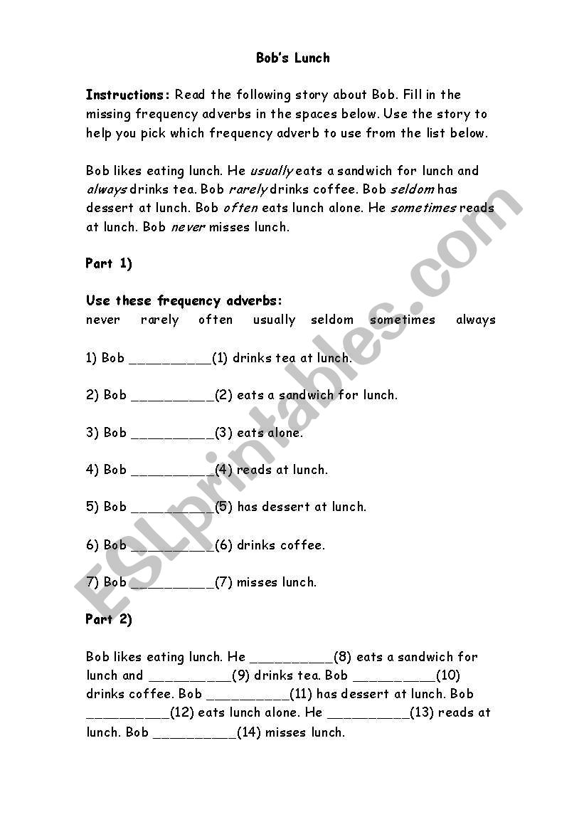 Frequency Adverbs Reading Activity