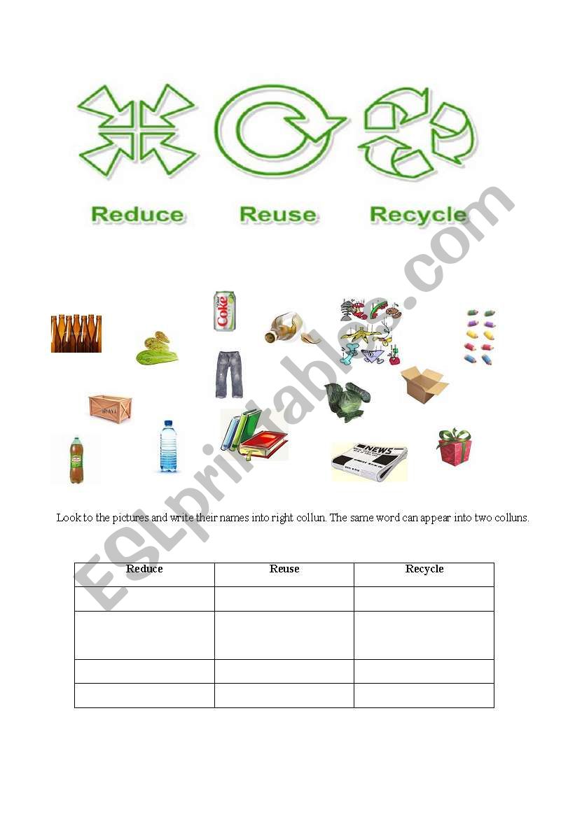 REDUCE REUSE RECYCLE  - PG 1 worksheet