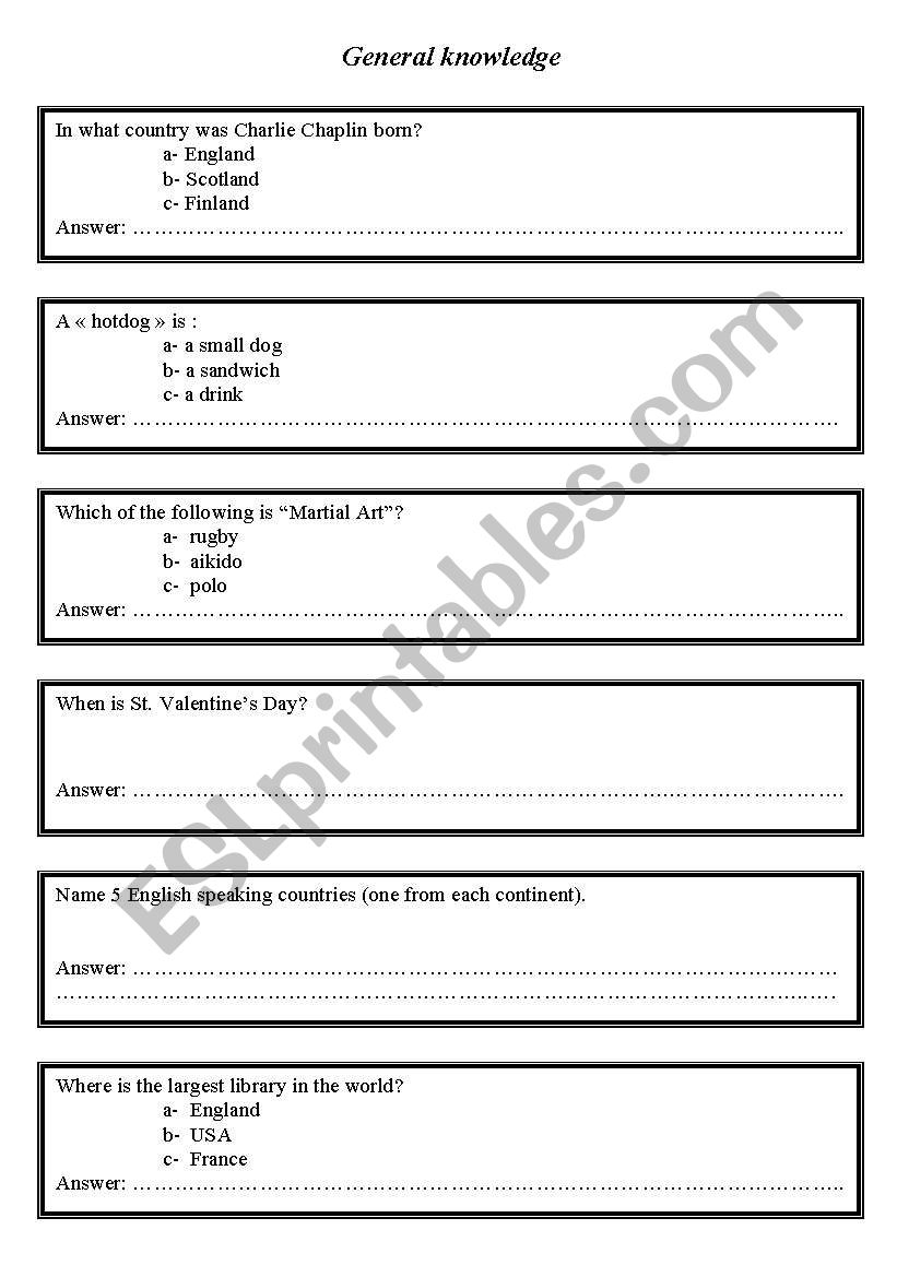 General knowledge quiz worksheet