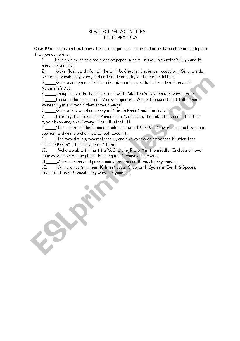 Black Folder Activities worksheet