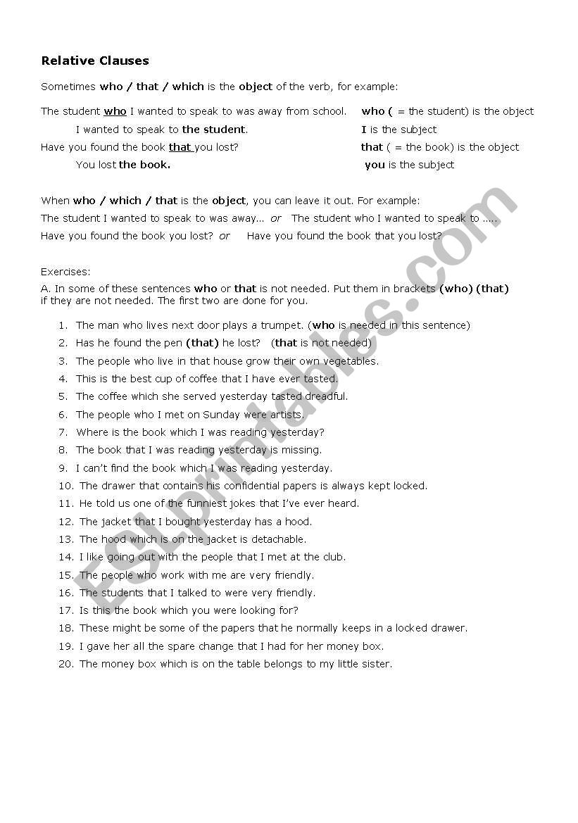 Relative Clauses worksheet