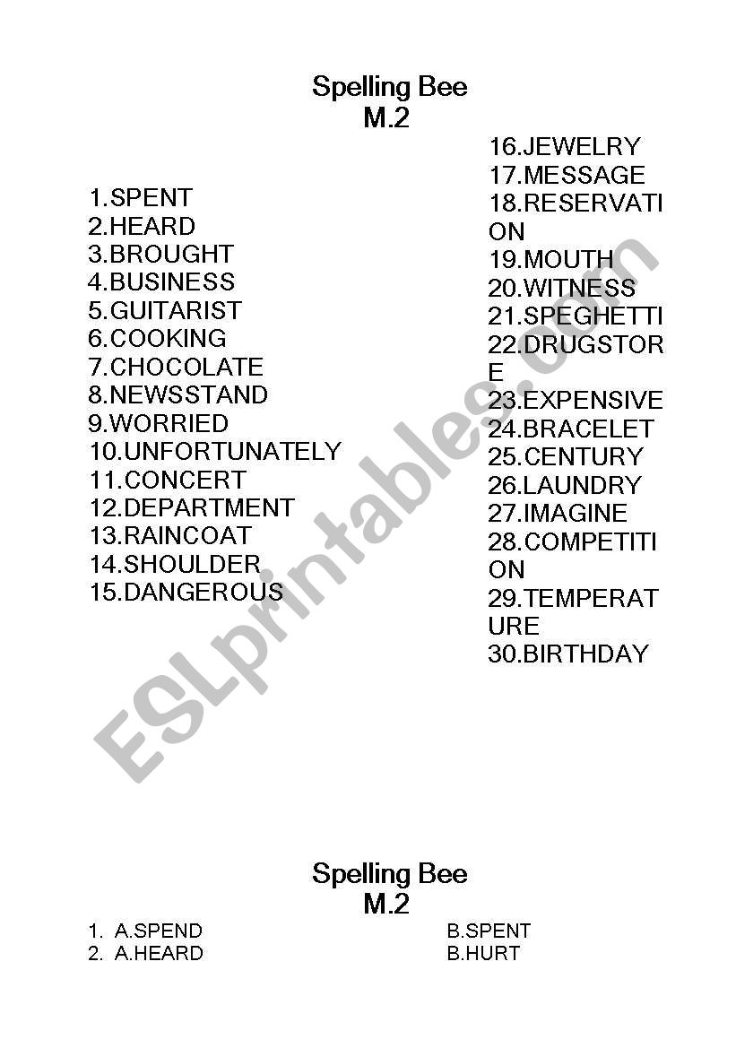 spelling bee worksheet