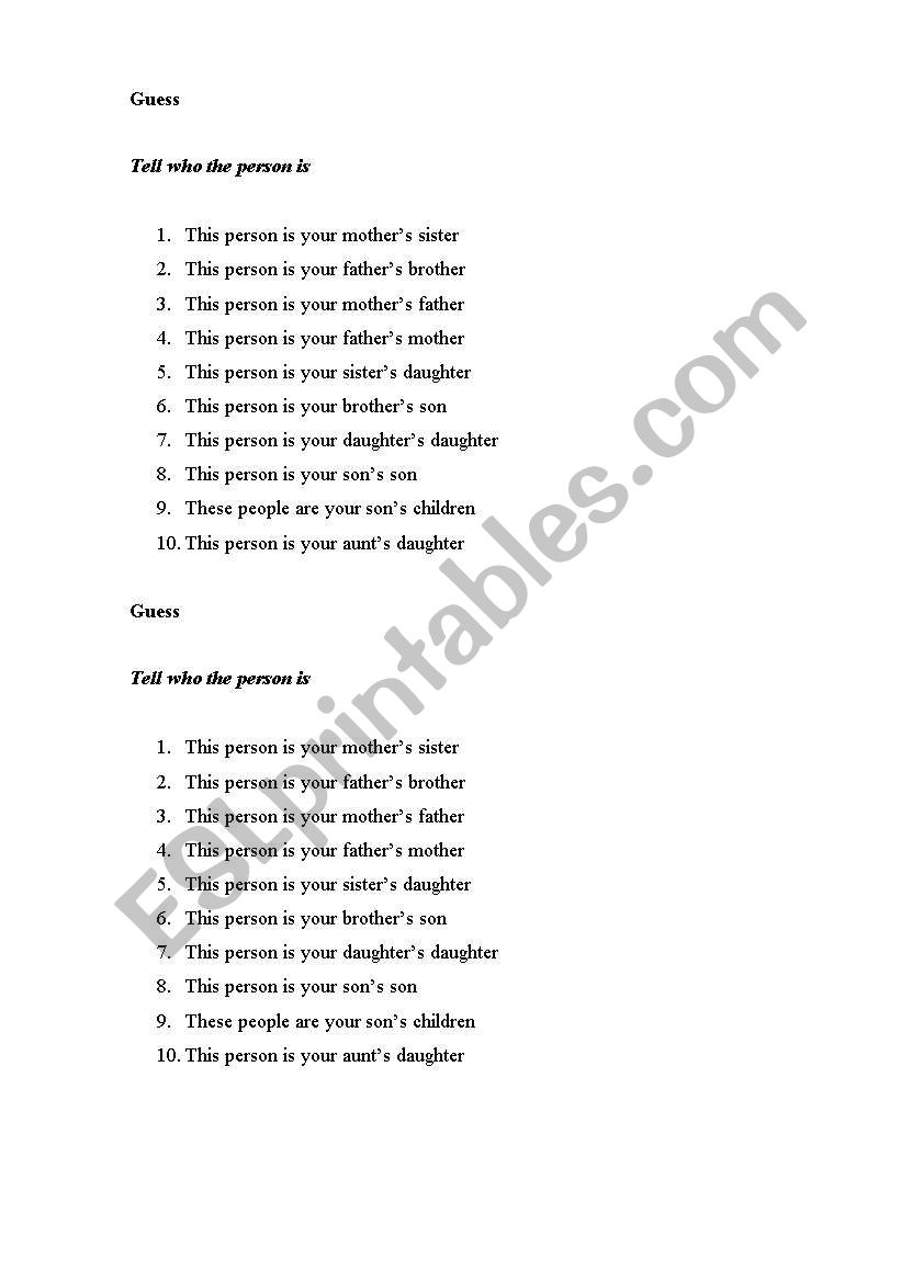 Family relations worksheet