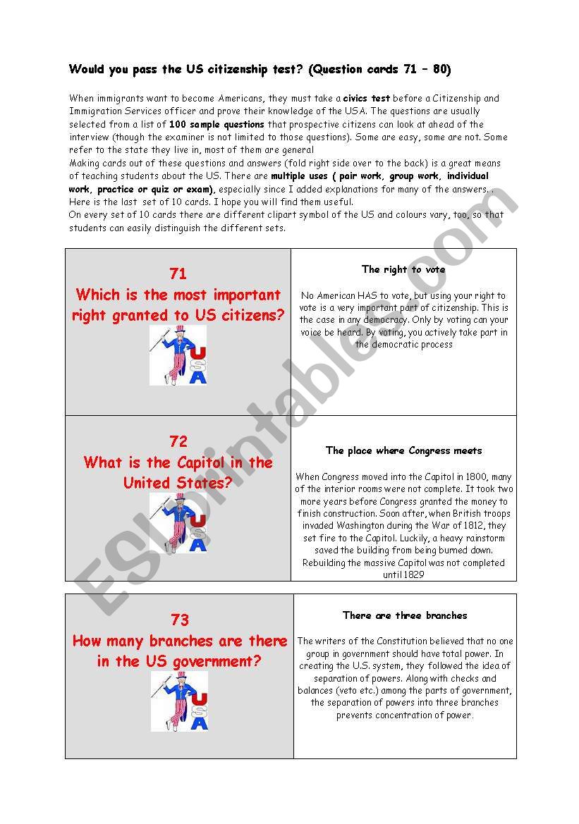 ** Would you pass the US citizenship test? ** THE MOST IMPORTANT FACTS ABOUT THE USA ** (Question cards 71  80) 