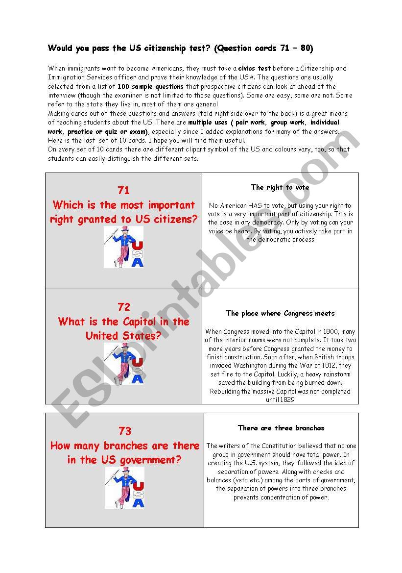 ** Would you pass the US citizenship test? ** THE MOST IMPORTANT FACTS ABOUT THE USA ** (Question cards 71 â€“ 80) 