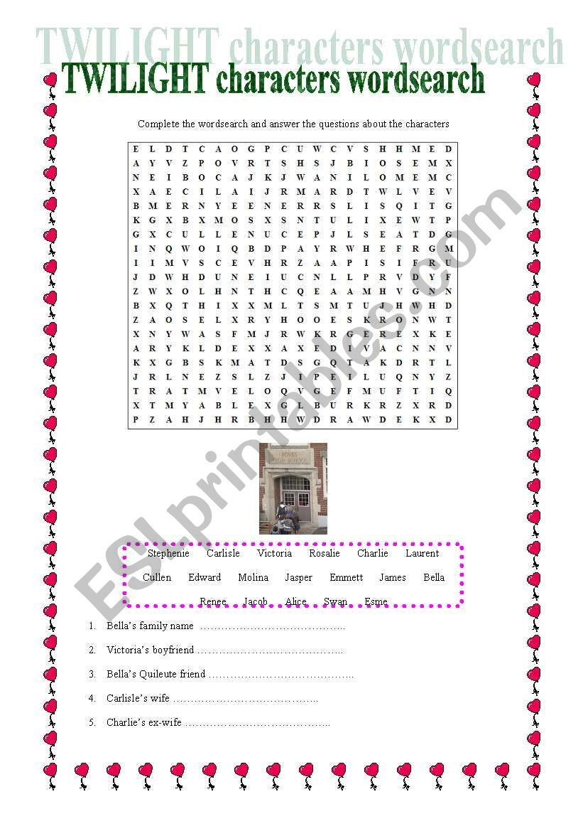 Twilight Characters Wordsearch Twilight Characters Wordsearch